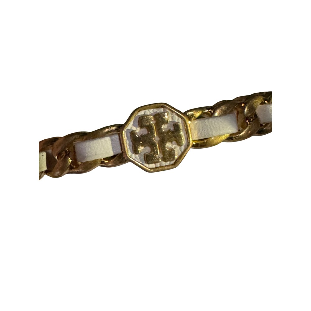 Tory Burch Gold Tone White Leather Chain Link Logo Cuff Bracelet 49410 NWT